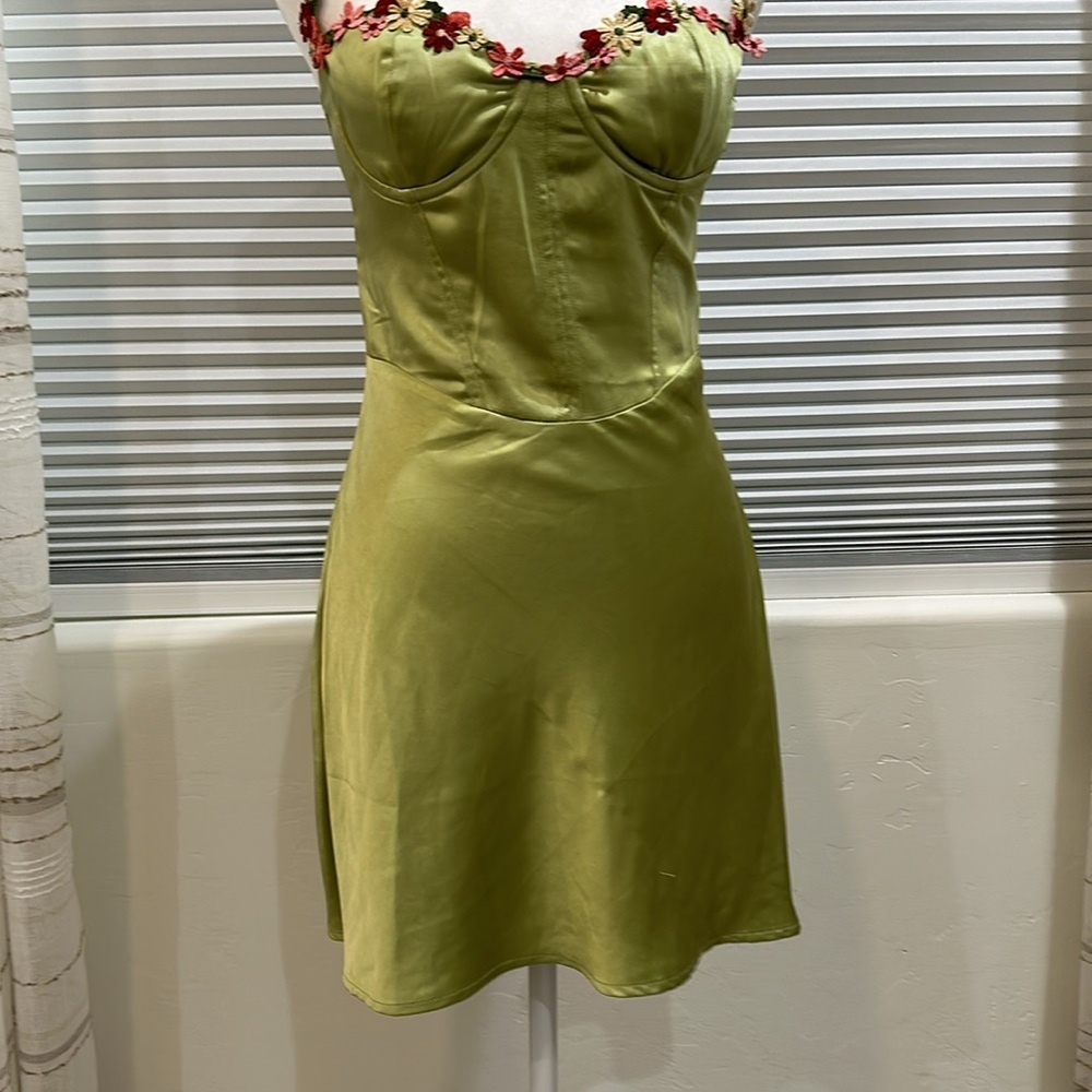 White Fox Green Satin & Embroidered Dress - Picture 8 of 13